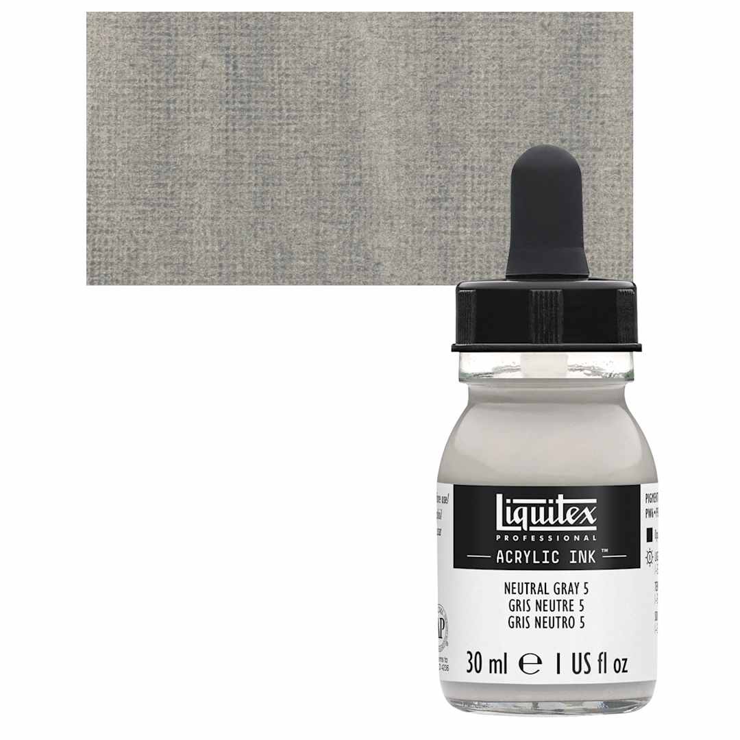 Open in modal - Liquitex Professional Acrylic Ink - Neutral Gray Value 5 bottle and swatch