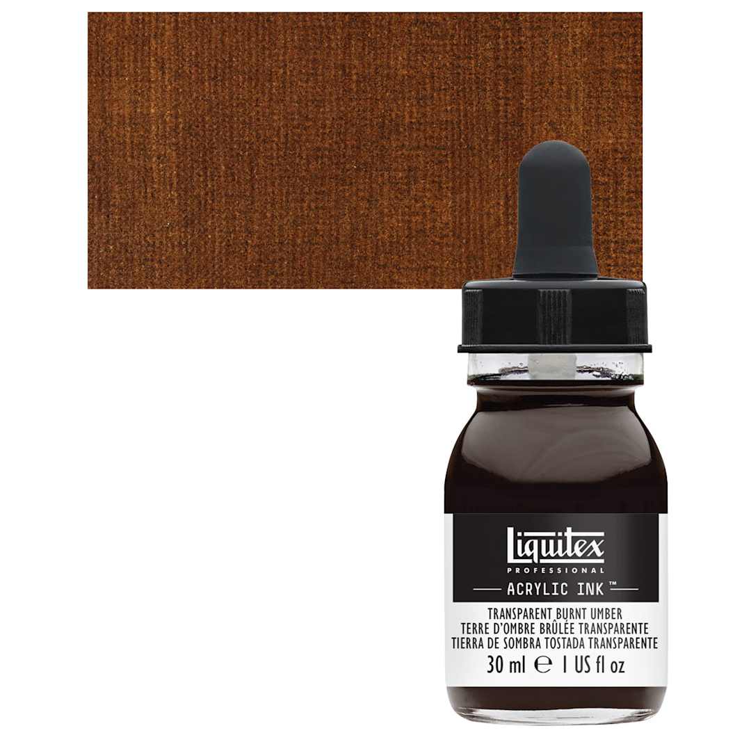 Open in modal - Liquitex Professional Acrylic Ink - Transparent Burnt Umber bottle and swatch