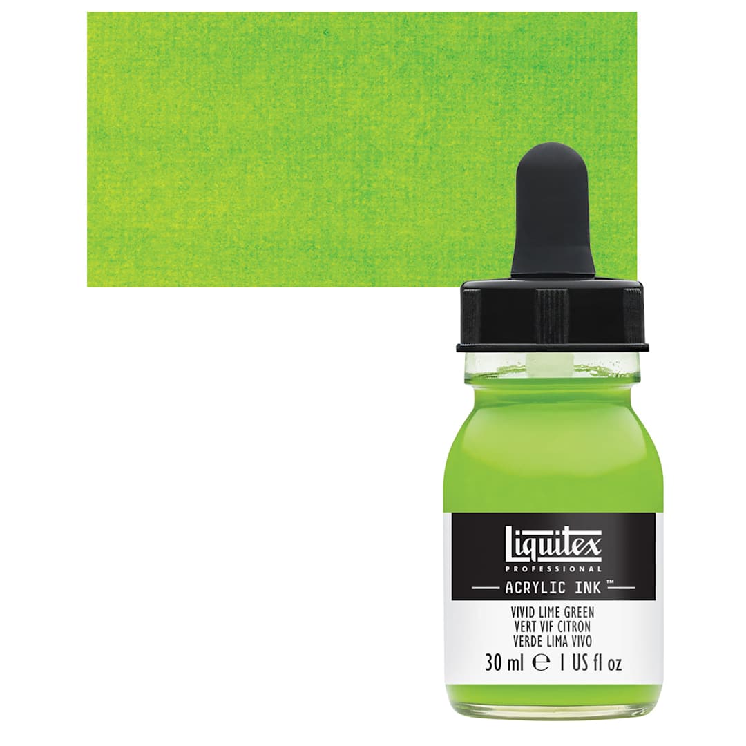 Open in modal - Liquitex Professional Acrylic Ink - Vivid Lime Green bottle and swatch