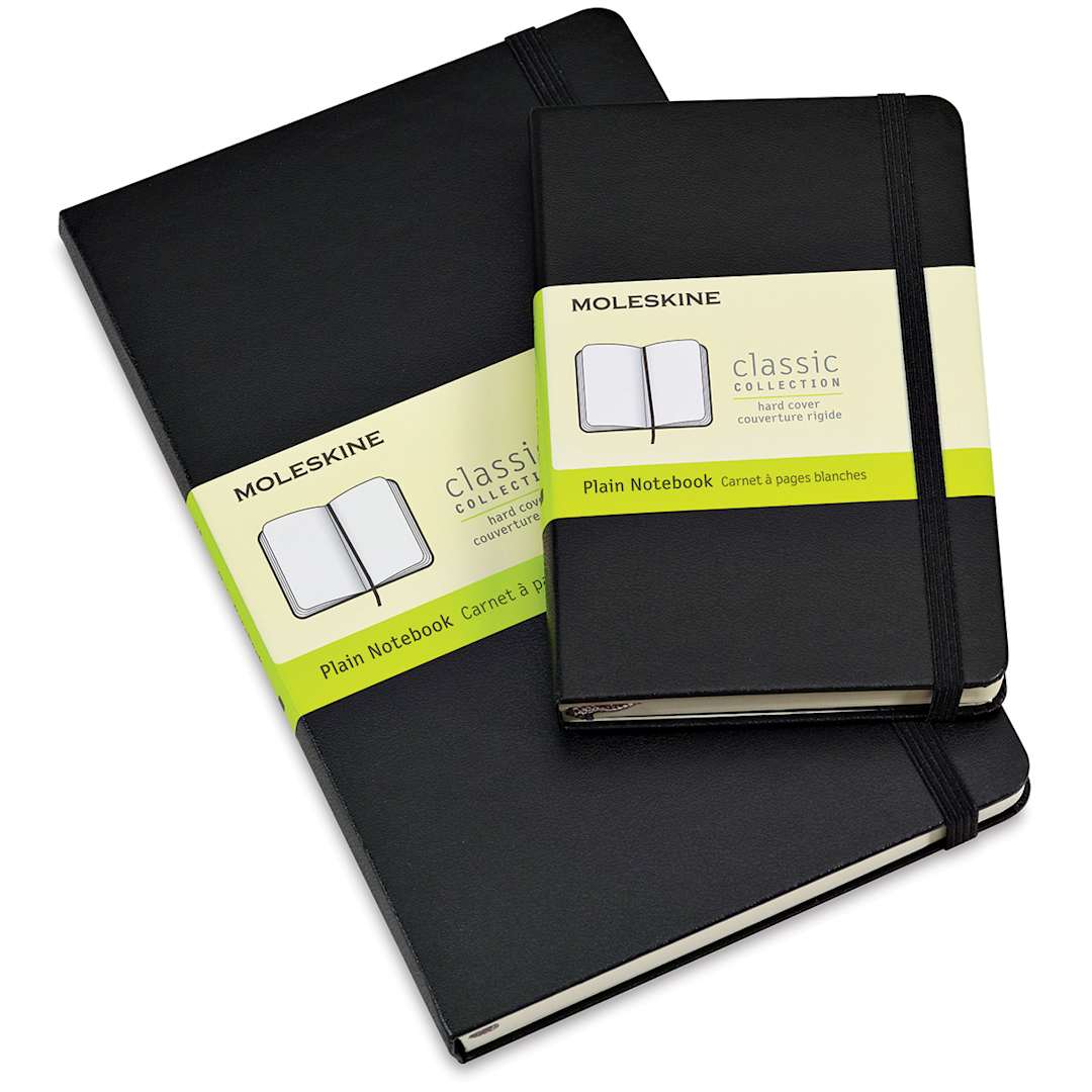 Open in modal - Moleskine Classic Hardcover Notebooks - Top view of 2 sizes of Black Moleskine Notebooks with labels