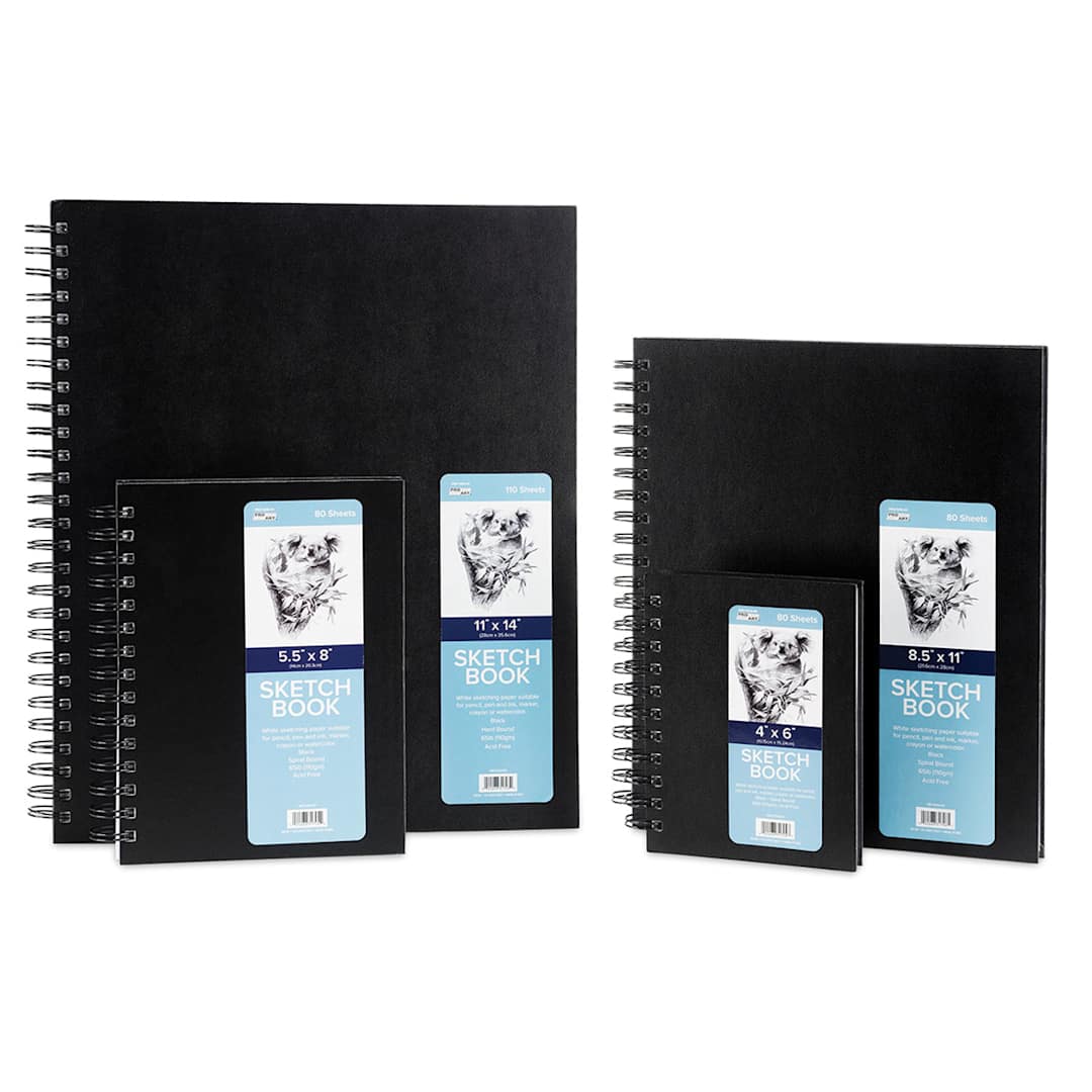 Open in modal - Pro Art Spiral Sketchbooks - 4 sizes of Sketchbooks shown upright with labels