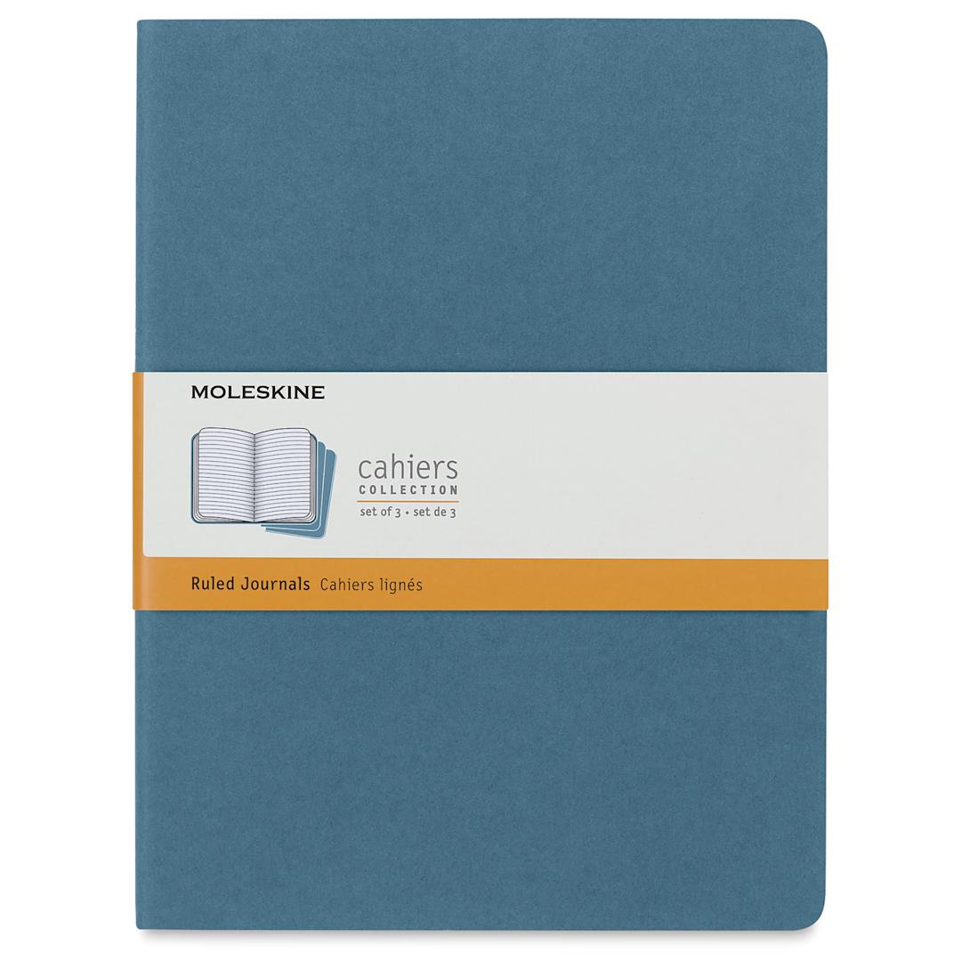 Open in modal - Moleskine Cahier Journals - 9-3/4" x 7-1/2" , Ruled, Brisk Blue, Pkg of 3, front