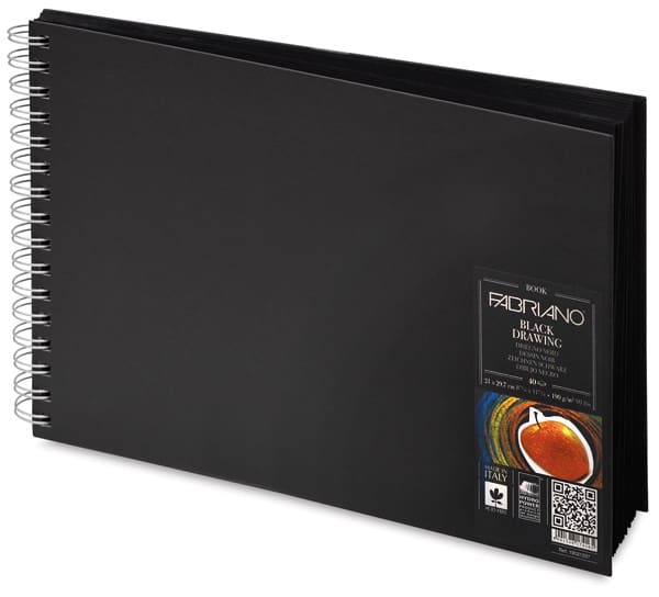 Open in modal - Fabriano Hardcover Black Sketchbook - Right angled view of Landscape Sketchbook with label
