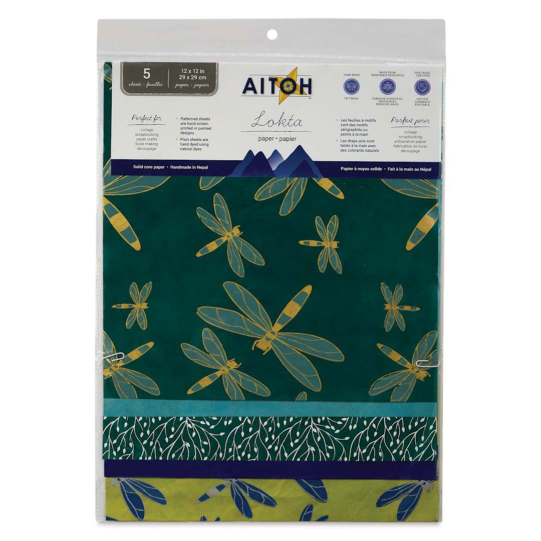 Open in modal - Aitoh Decorative Lokta Paper Pack - Dragonflies, 12" x 12", Pkg of 5, front of packaging