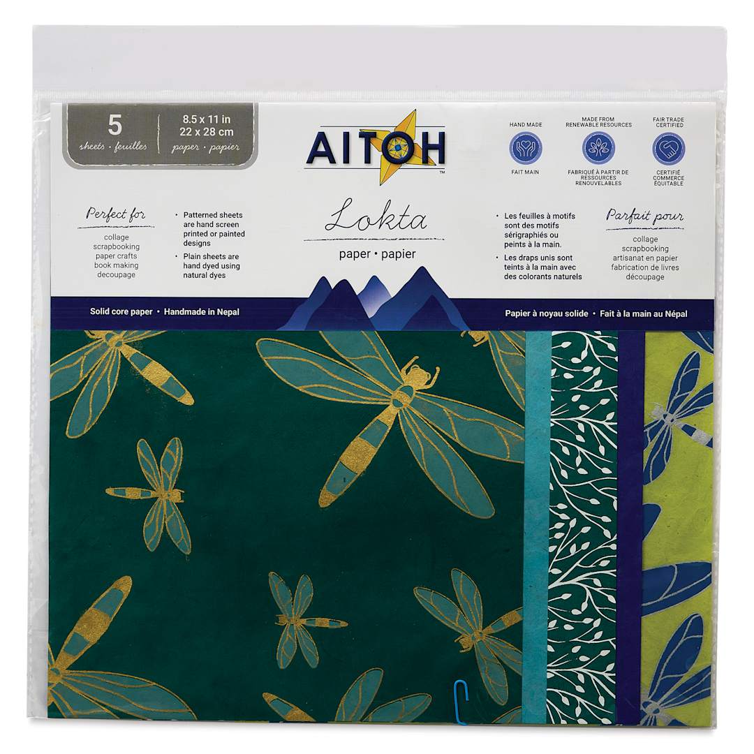 Open in modal - Aitoh Decorative Lokta Paper Pack - Dragonflies, 8-1/2" x 11", Pkg of 5, front of packaging