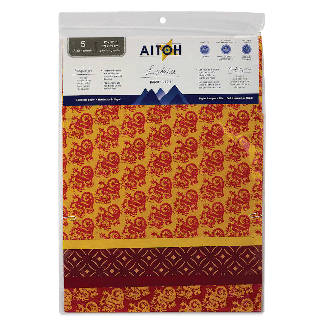 Open in modal - Aitoh Decorative Lokta Paper Pack - Dragons, 12" x 12", Pkg of 5, front of packaging