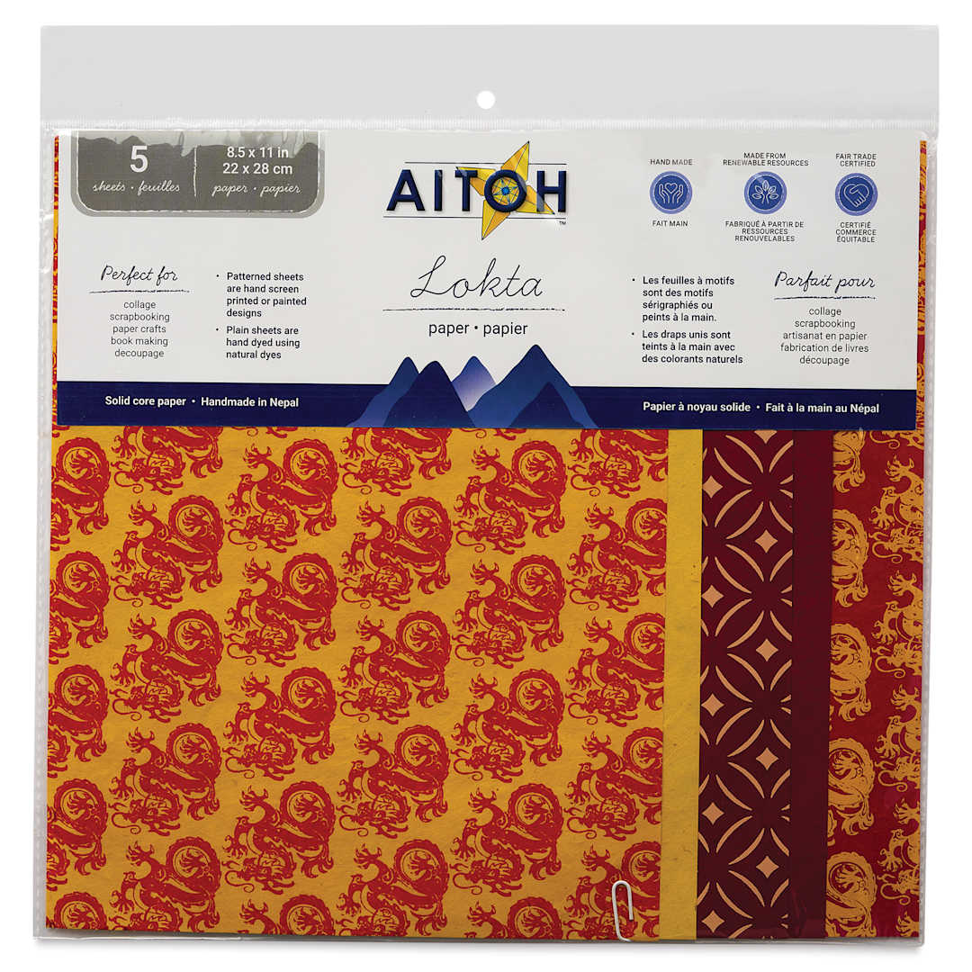 Open in modal - Aitoh Decorative Lokta Paper Pack - Dragons, 8-1/2" x 11", Pkg of 5, front of packaging