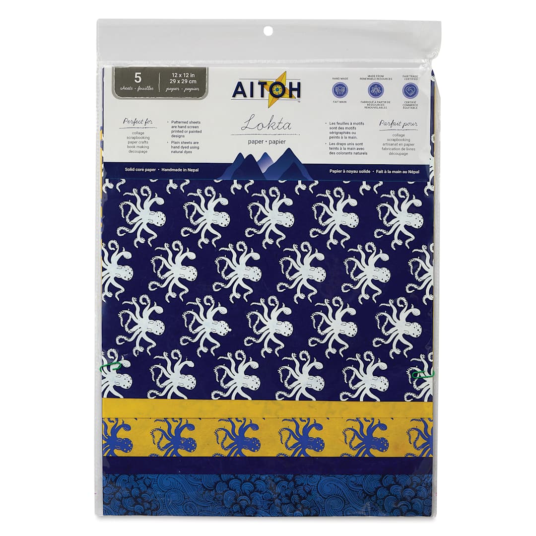 Open in modal - Aitoh Decorative Lokta Paper Pack - Octopi, 12" x 12", Pkg of 5, front of packaging