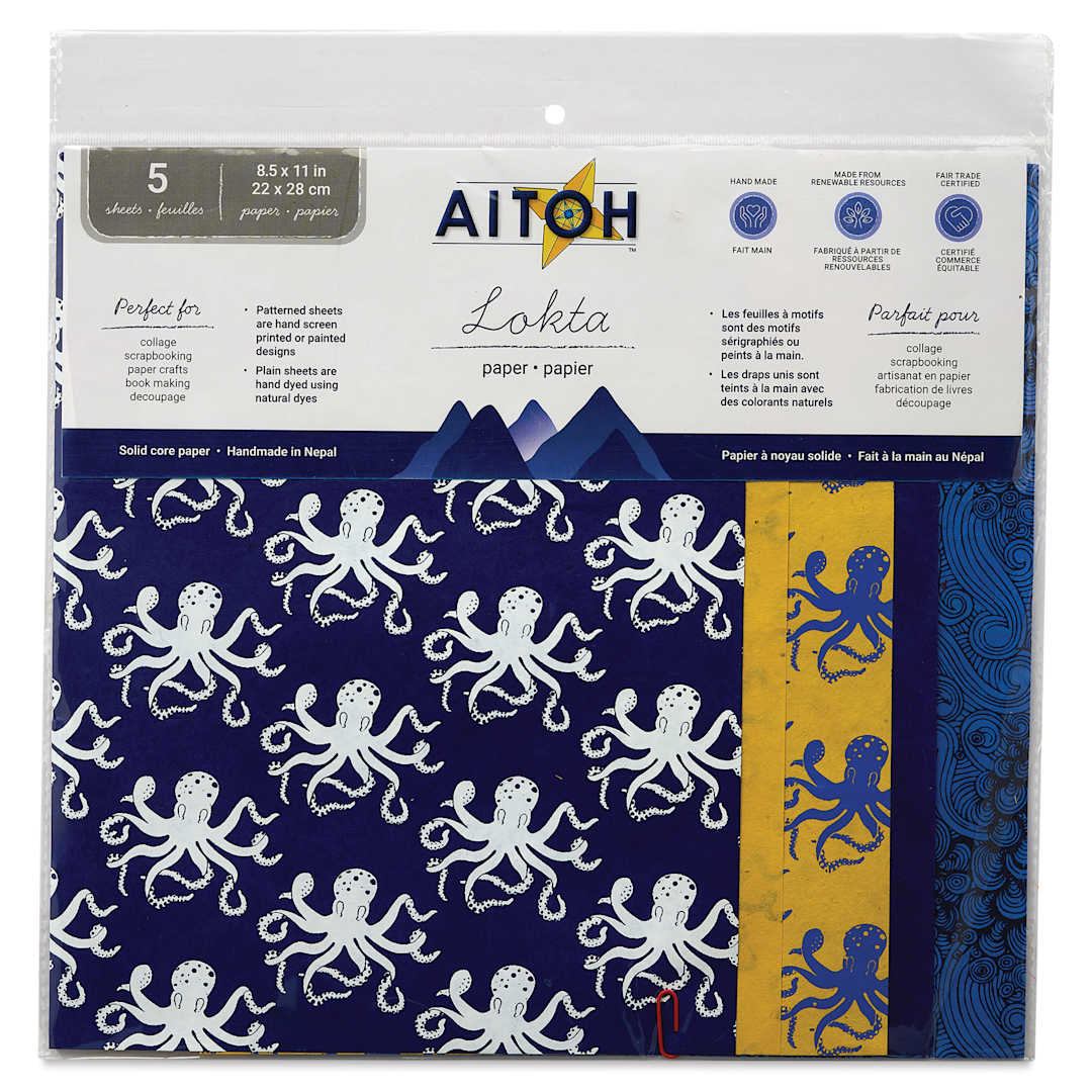 Open in modal - Aitoh Decorative Lokta Paper Pack - Octopi, 8-1/2" x 11", Pkg of 5, front of packaging