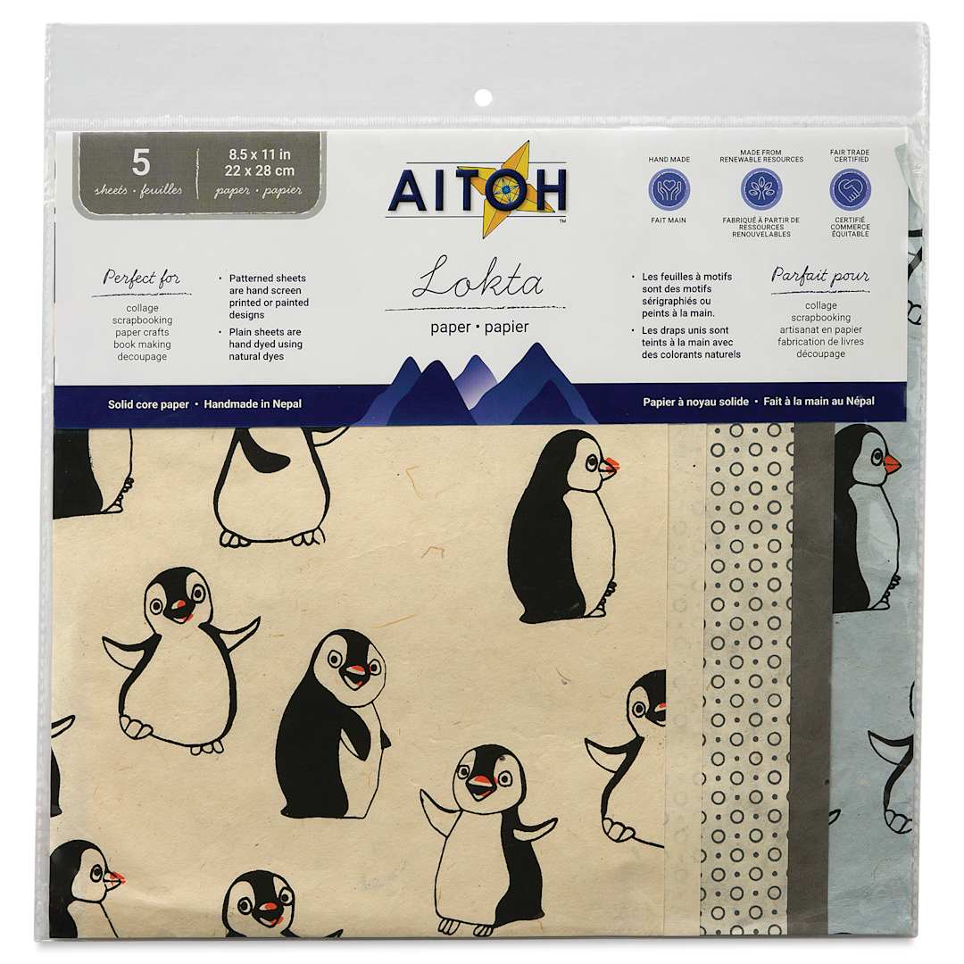 Open in modal - Aitoh Decorative Lokta Paper Pack - Penguins, 8-1/2" x 11", Pkg of 5, front of packaging
