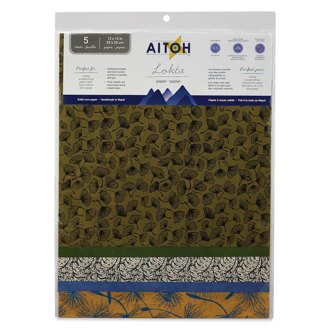Open in modal - Aitoh Decorative Lokta Paper Pack - Leaves and Seeds, 12" x 12", Pkg of 5, front of packaging