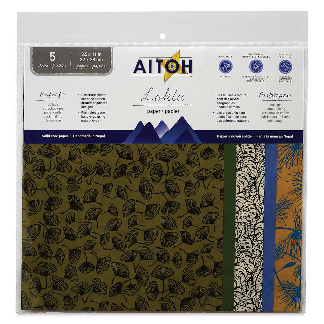 Open in modal - Aitoh Decorative Lokta Paper Pack - Leaves and Seeds, 8-1/2" x 11", Pkg of 5, front of packaging