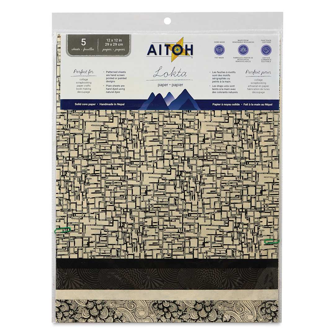 Open in modal - Aitoh Decorative Lokta Paper Pack - Black and White, 12" x 12", Pkg of 5, front of packaging