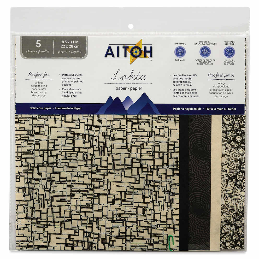 Open in modal - Aitoh Decorative Lokta Paper Pack - Black and White, 8-1/2" x 11", Pkg of 5, front of packaging
