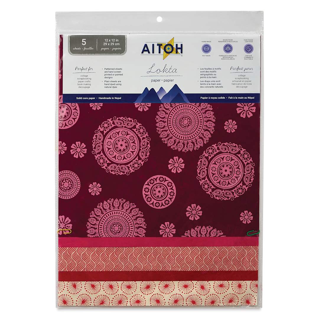 Open in modal - Aitoh Decorative Lokta Paper Pack - Reds, 12" x 12", Pkg of 5, front of packaging