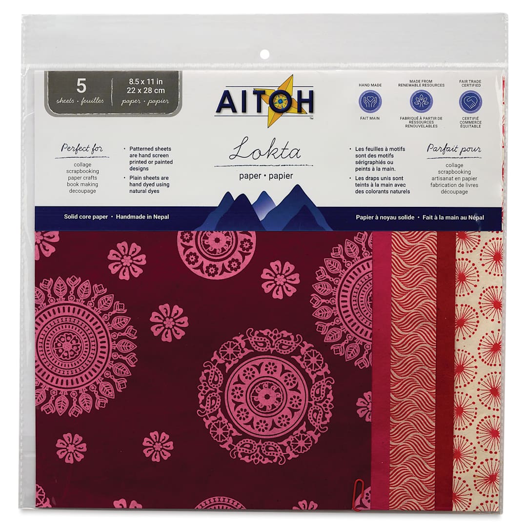 Open in modal - Aitoh Decorative Lokta Paper Pack - Reds, 8-1/2" x 11", Pkg of 5, front of packaging