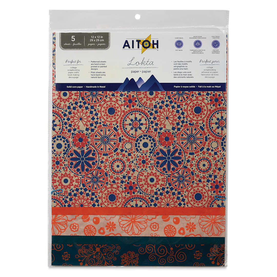 Open in modal - Aitoh Decorative Lokta Paper Pack - Oranges, 12" x 12", Pkg of 5, front of packaging