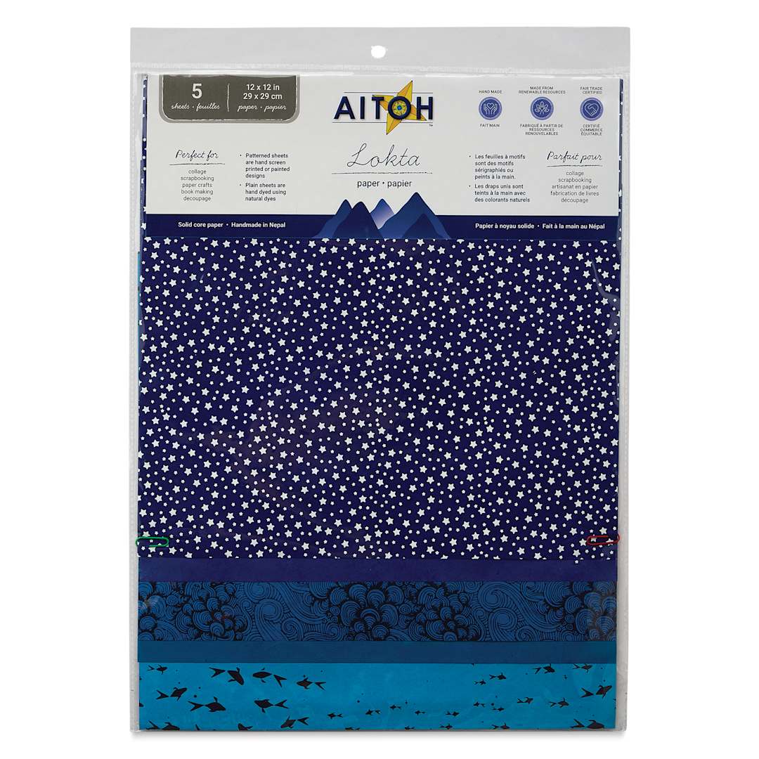 Open in modal - Aitoh Decorative Lokta Paper Pack - Blues, 12" x 12", Pkg of 5, front of packaging
