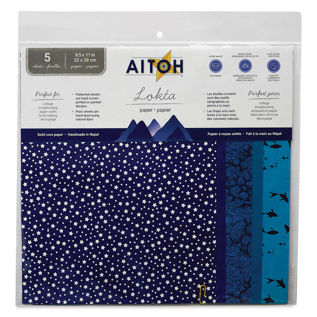 Open in modal - Aitoh Decorative Lokta Paper Pack - Blues, 8-1/2" x 11", Pkg of 5, front of package