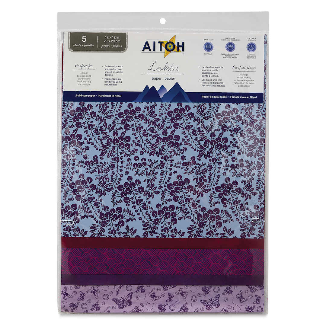 Open in modal - Aitoh Decorative Lokta Paper Pack - Purples, 12" x 12", Pkg of 5, front of packaging