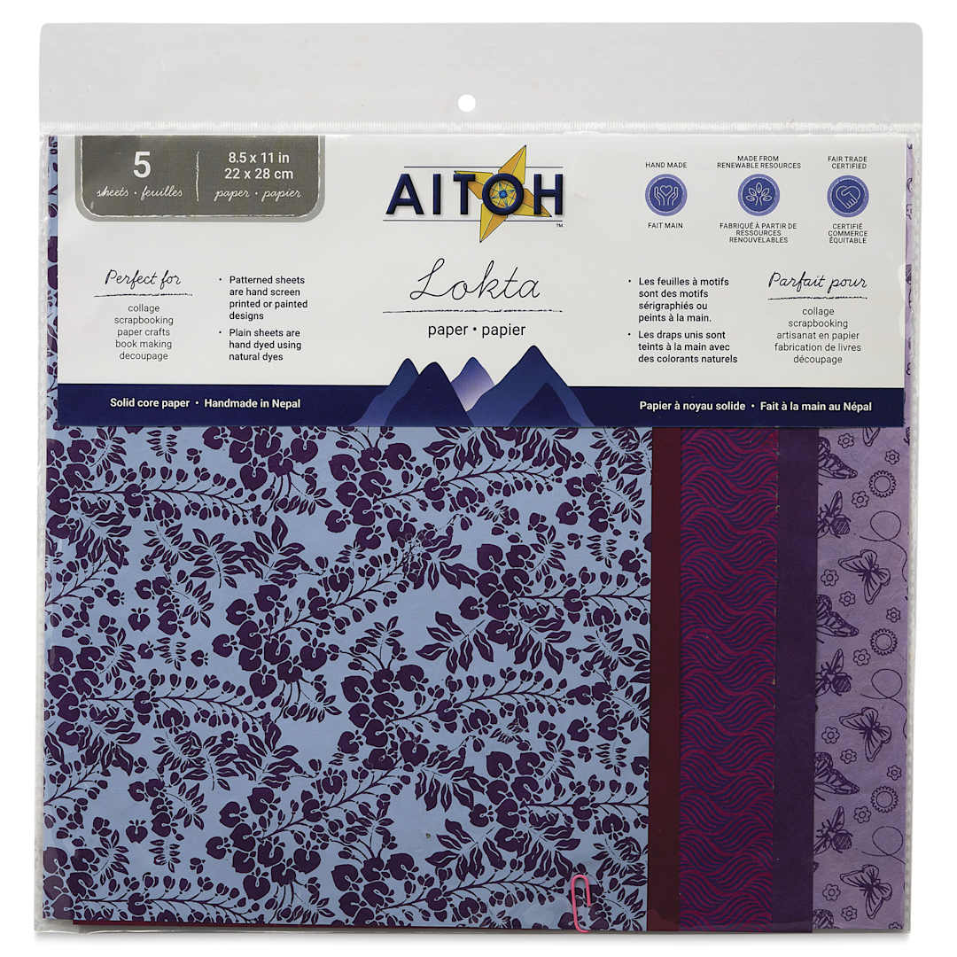 Open in modal - Aitoh Decorative Lokta Paper Pack - Purples, 8-1/2" x 11", Pkg of 5, front of packaging