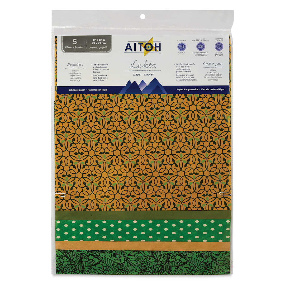 Open in modal - Aitoh Decorative Lokta Paper Pack - Greens, 12" x 12", Pkg of 5, front of packaging