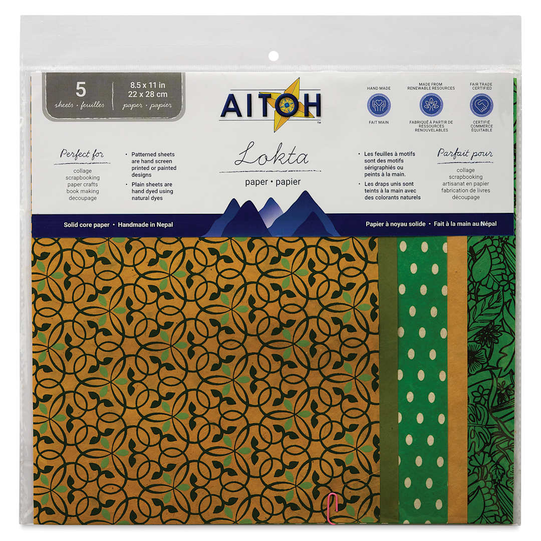 Open in modal - Aitoh Decorative Lokta Paper Pack - Greens, 8-1/2" x 11", Pkg of 5, front of packaging