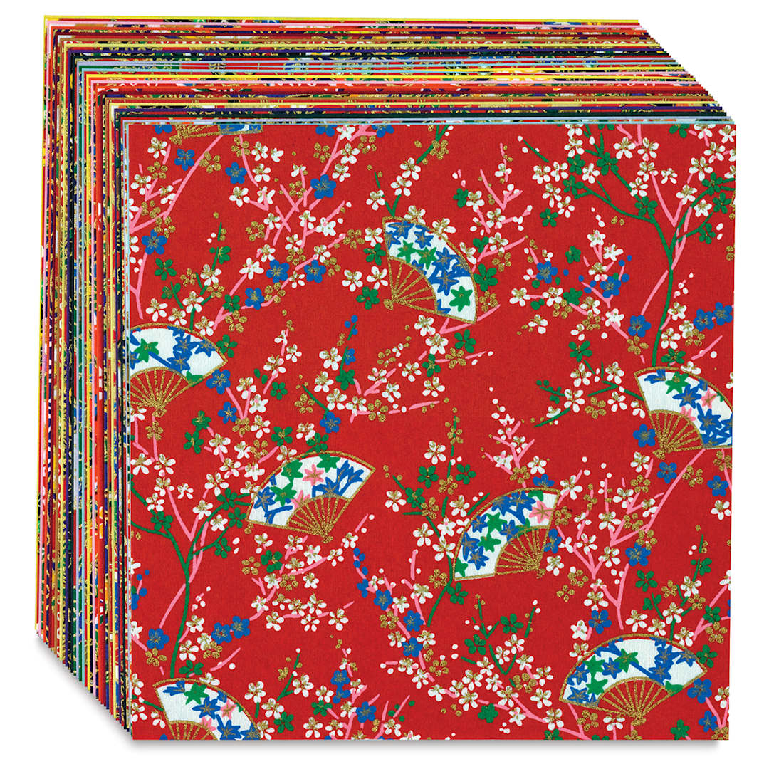 Open in modal - Aitoh Yuzen Chiyogami Paper - 5 7/8" x 5 7/8" assorted sheets shown in angled stack