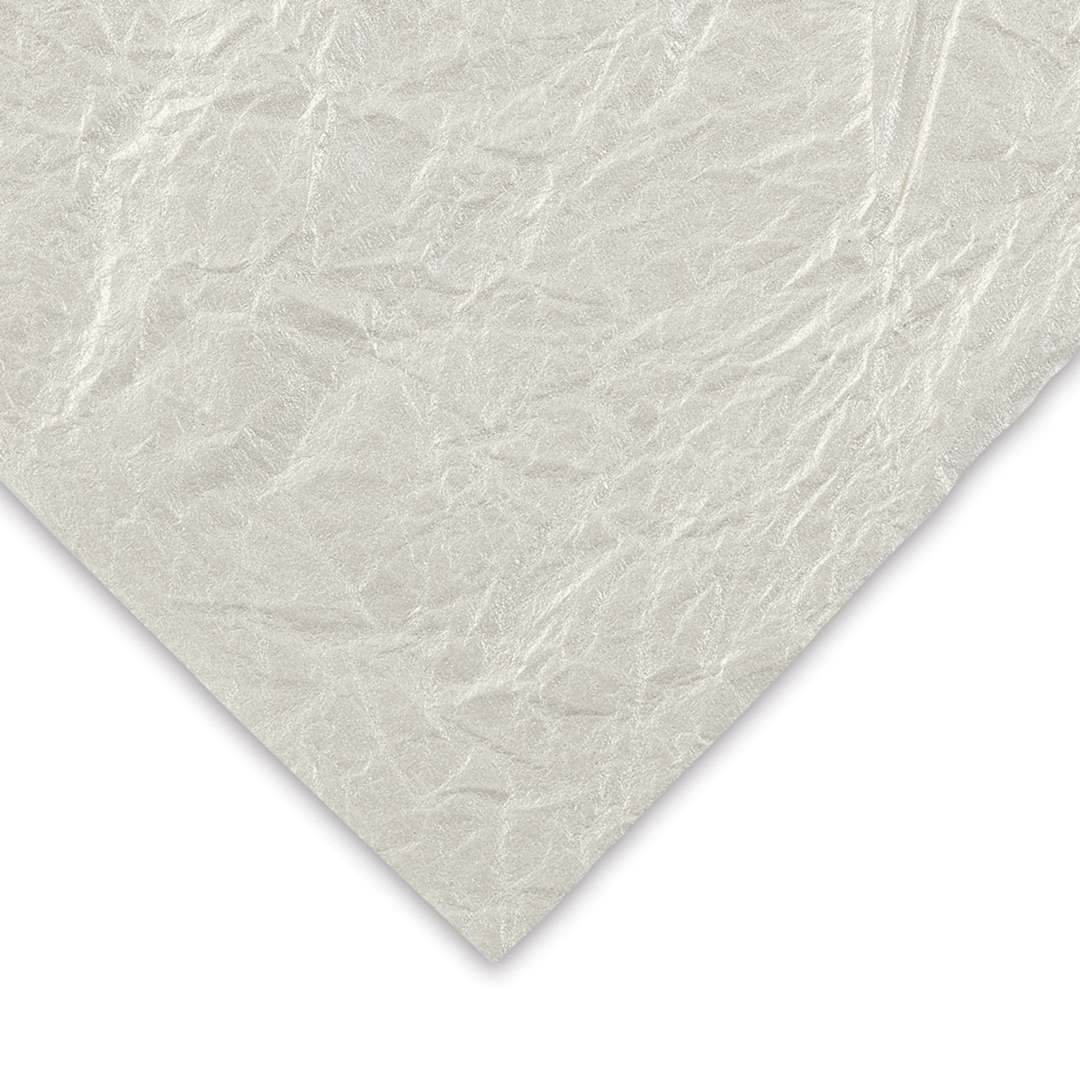 Open in modal - Black Ink Thai Soft Metallic Momigami Paper - Closeup of White Pearl paper showing color and texture