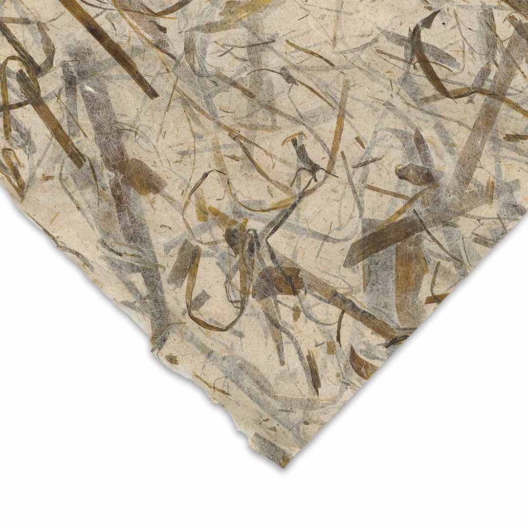 Open in modal - Black Ink Thai Banana Paper - Corner of Chunky Banana Leaves paper to show color and texture
