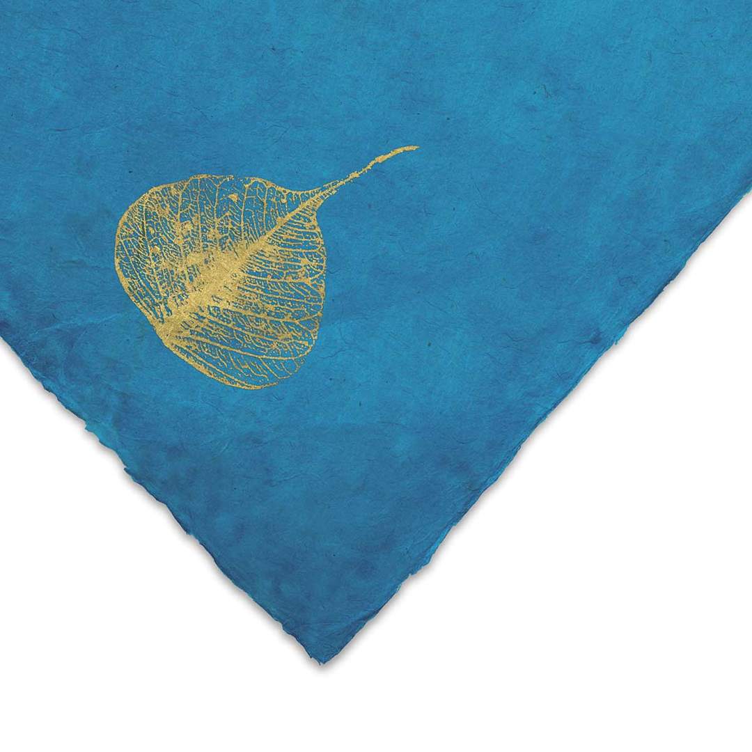 Open in modal - Nepalese Gold Bodhi Paper - Corner of Blue/Gold Paper showing pattern
