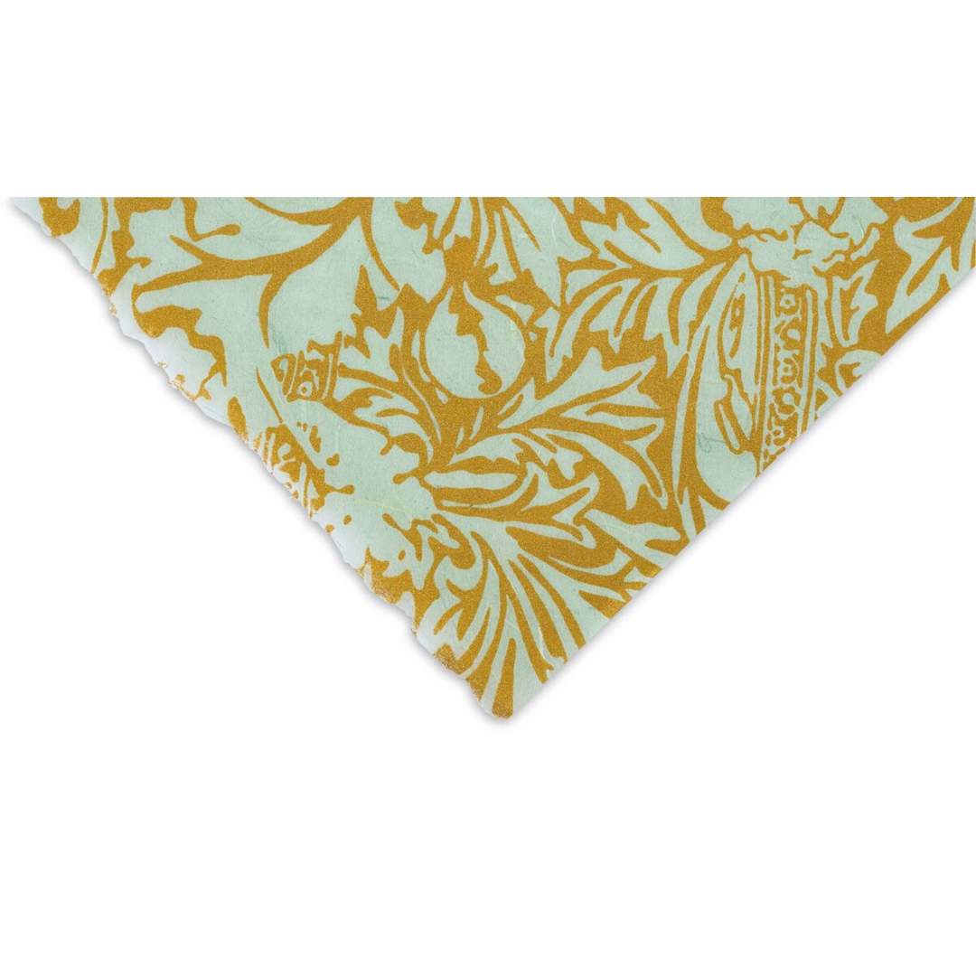 Open in modal - Black Ink Screenprinted Mulberry Paper - Corner of Green with Gold Ribbon and Leaves design