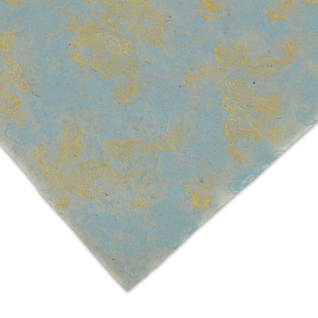 Open in modal - Black Ink Nepalese Screenprinted Dragon Lokta Paper - Gold on Blue, 20" x 30"