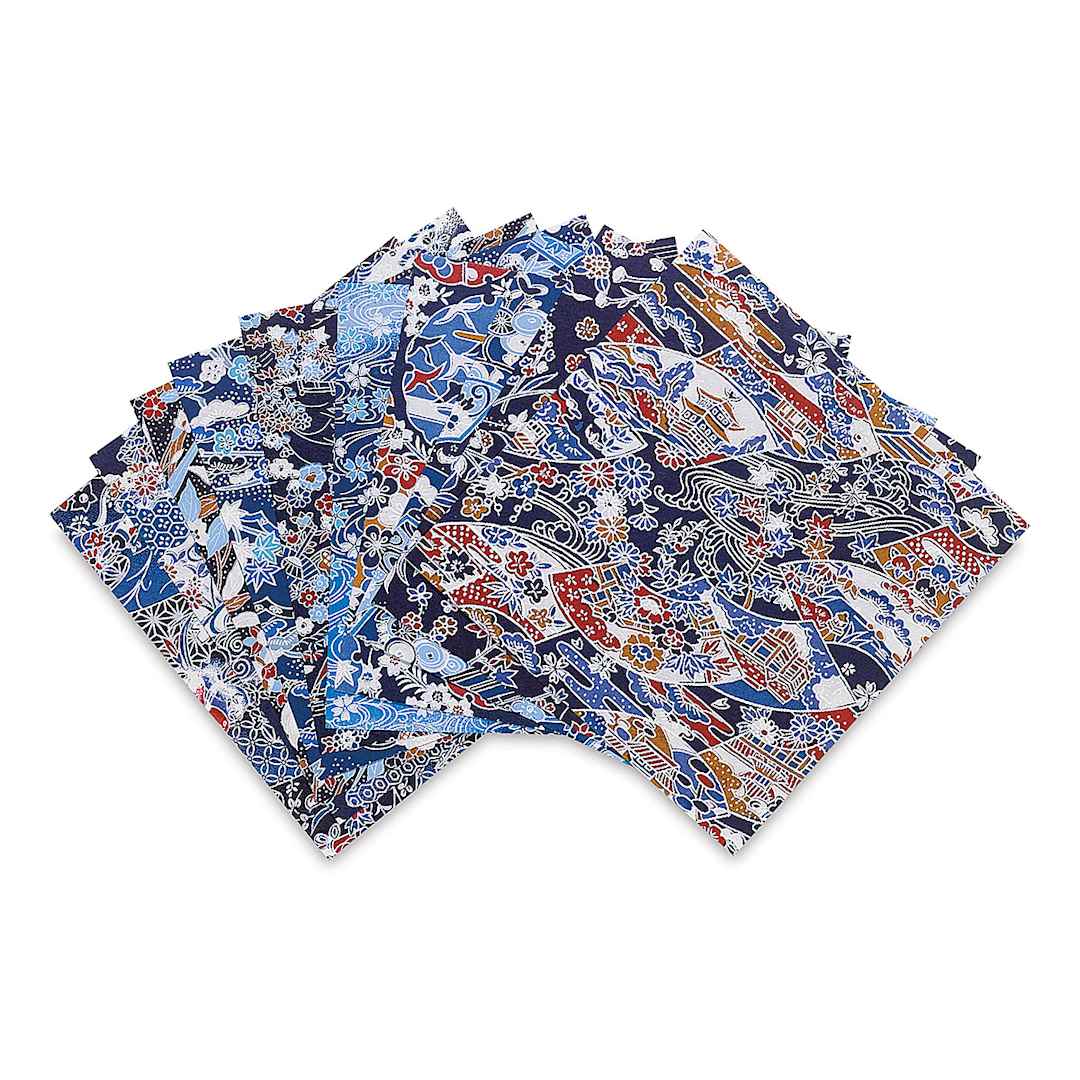 Open in modal - Yasutomo Yuzen Origami Papers - Assorted sheets of Blue patterns arranged in fan