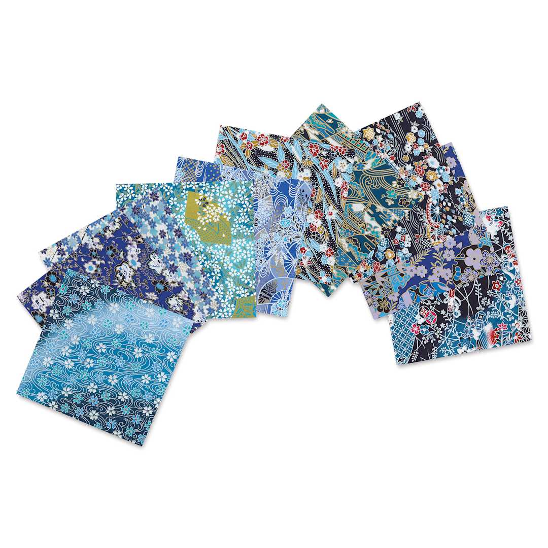 Open in modal - Yasutomo Yuzen Origami Papers - 4-5/8" x 4-5/8", Blue, 10 Sheets