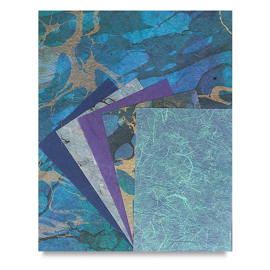Open in modal - Black Ink Decorative Paper Packs - Both sizes of Beautiful Blue Assorted Sheet Pack shown
