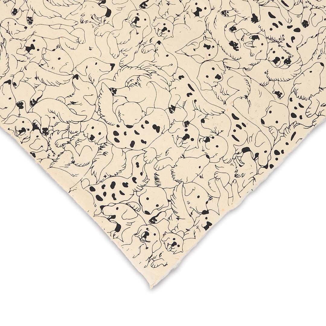 Open in modal - Lokta Paper - Dogs, Black and Cream, 20" x 30", corner of sheet
