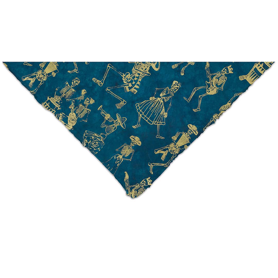 Open in modal - Lokta Paper - Dancing Skeletons, Blue and Gold, 20'' x 30''