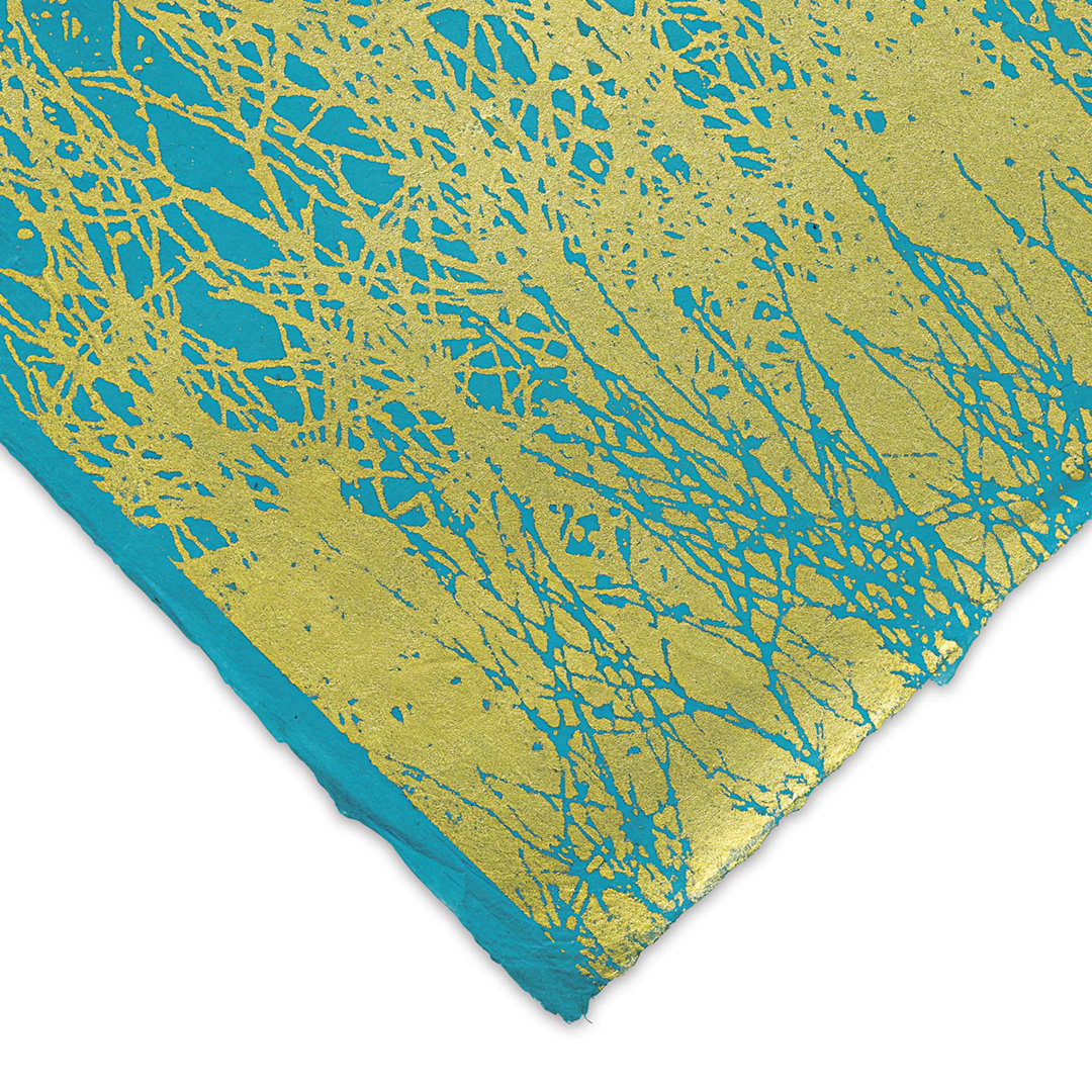 Open in modal - Lokta Paper - Branches, Gold and Turquoise, 20" x 30"