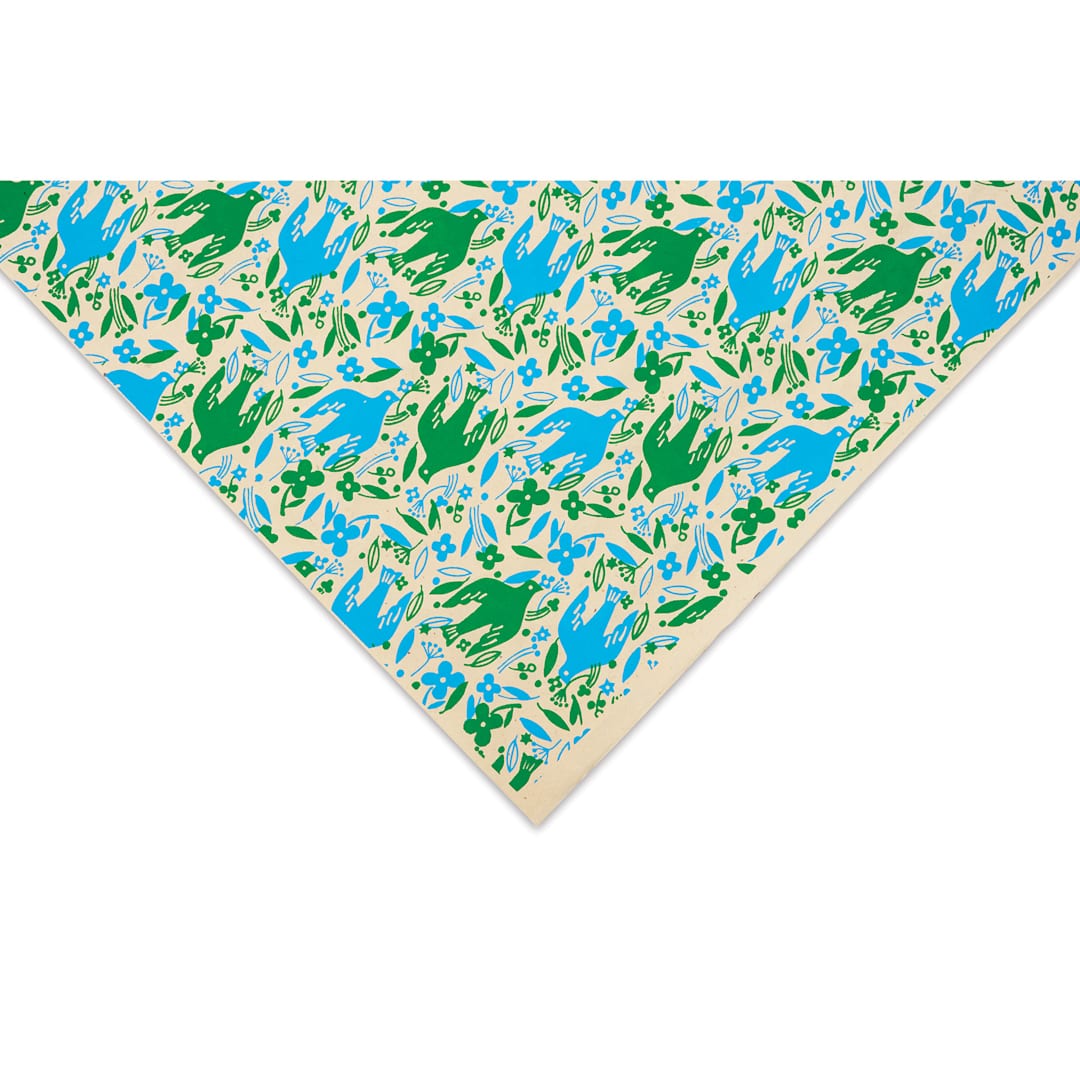 Open in modal - Lokta Paper - Doves, Turquoise/Cream, 20" x 30", corner of sheet