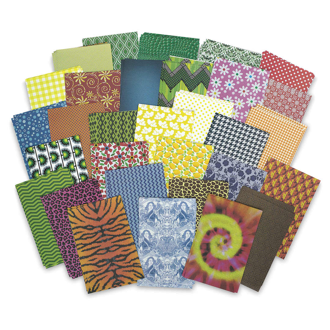 Open in modal - Roylco All Kinds of Fabric Paper - Sheets showing several patterns arranged in fan