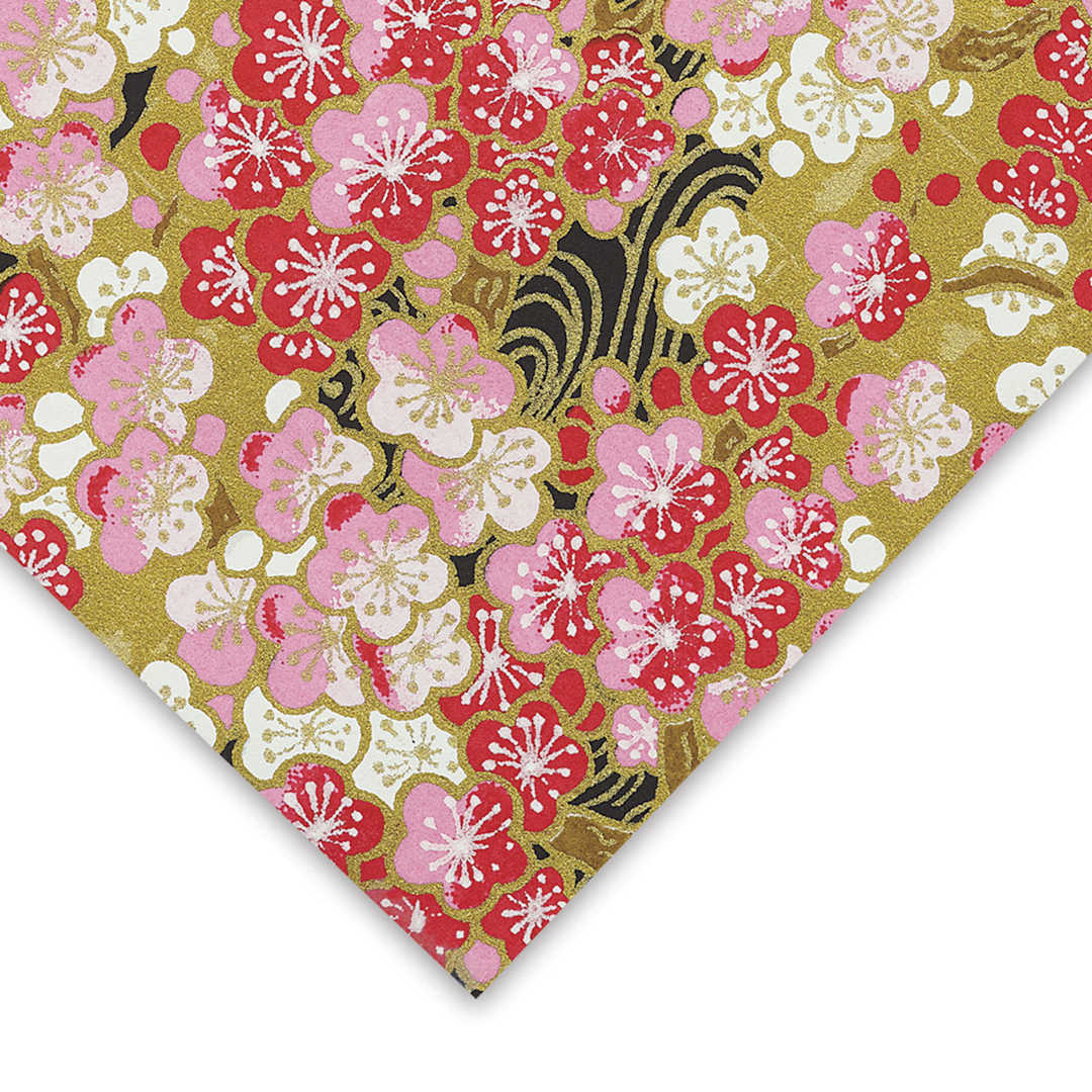 Open in modal - Aitoh Japanese Decorative Paper - Flowers, Gold/Pink/White, 25-1/2" x 19"