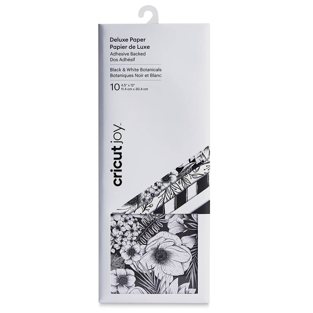 Open in modal - Cricut Joy Adhesive-Backed Deluxe Paper - Black and White Botanicals, 4-1/2” x 12”, Package of 10, Sheets (In packaging)