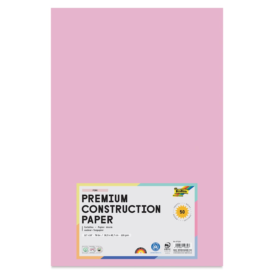 Open in modal - Folia Premium Construction Paper - Pkg of 50, Pink, 12" x 18", front of packaging