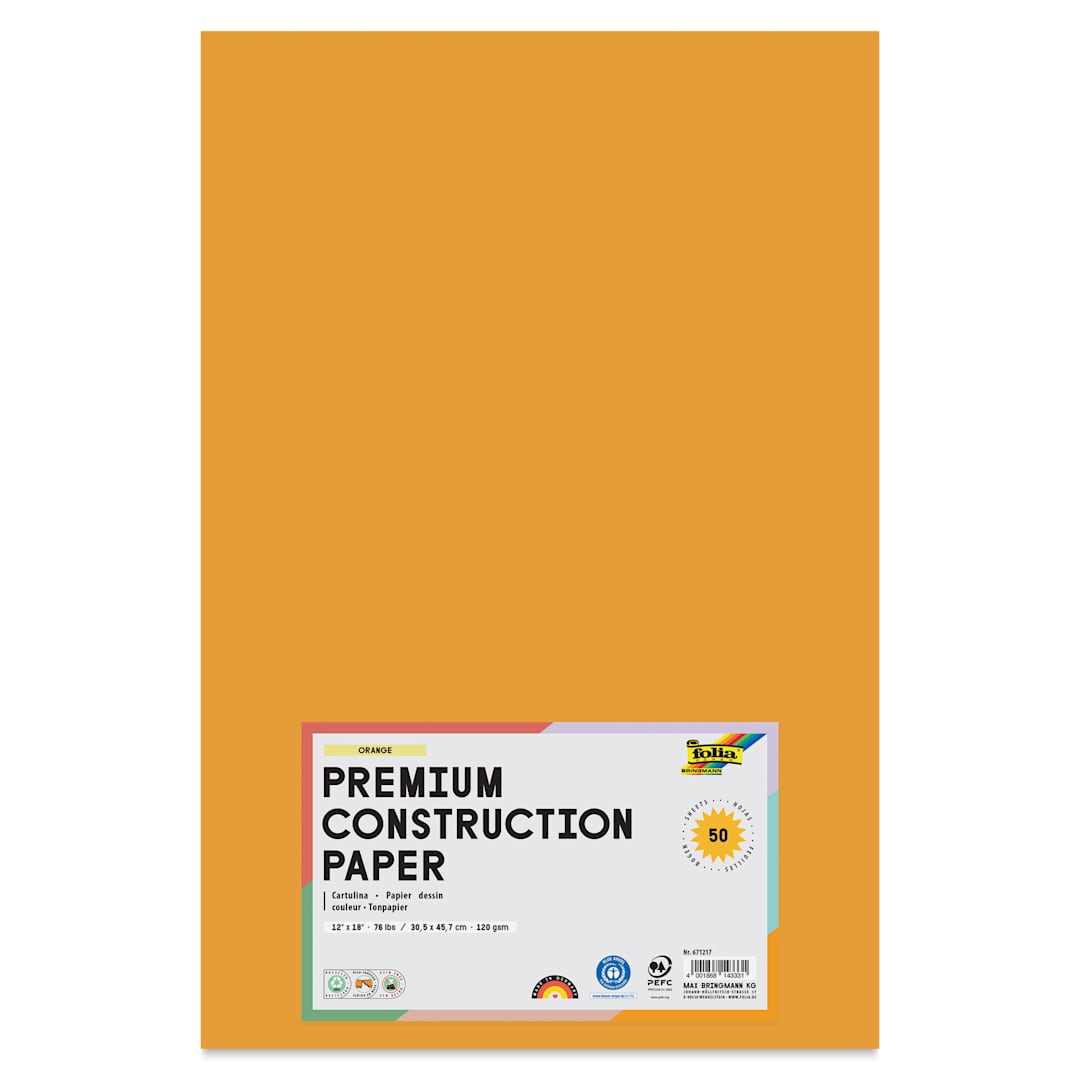 Open in modal - Folia Premium Construction Paper - Pkg of 50, Orange, 12" x 18", front of packaging