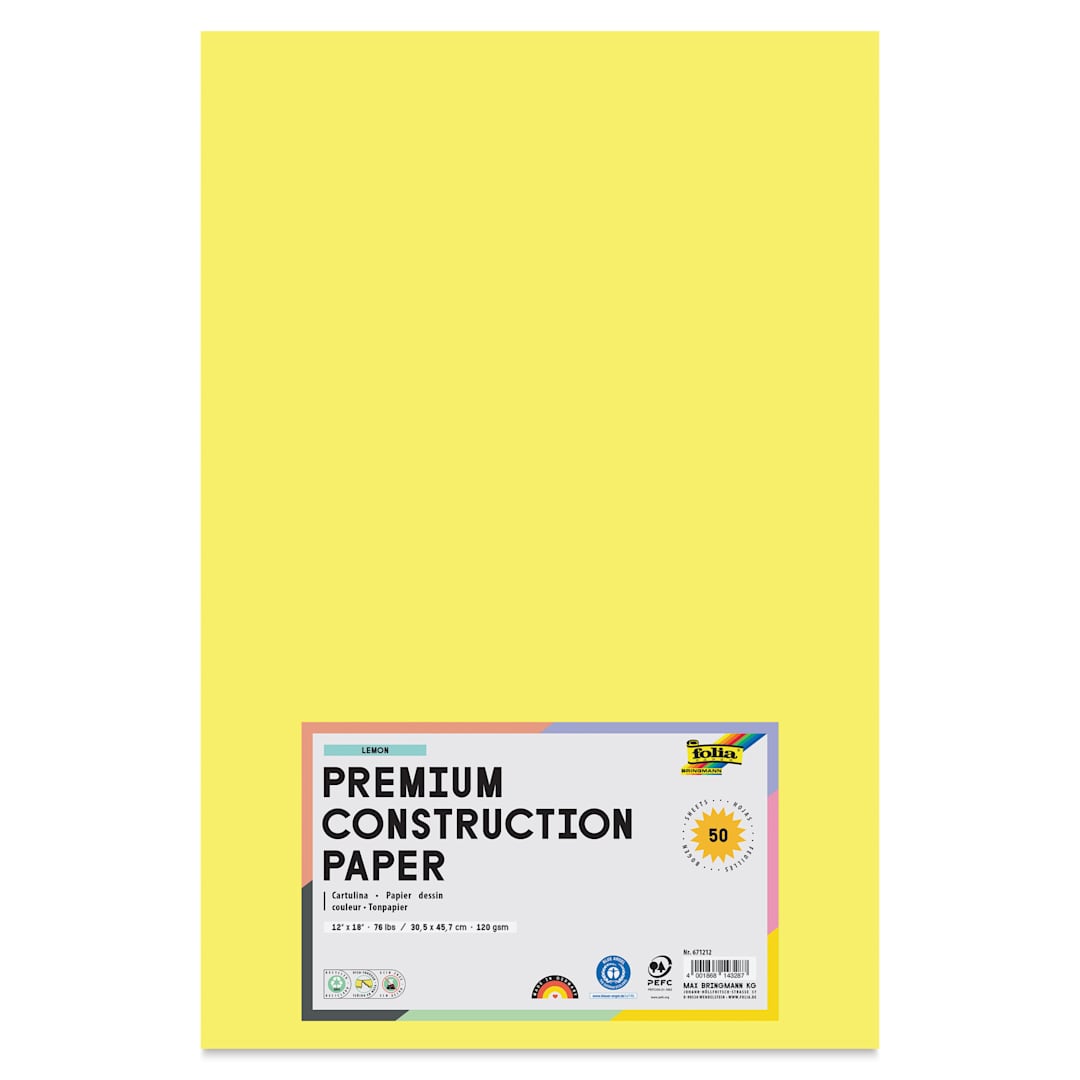 Open in modal - Folia Premium Construction Paper - Pkg of 50, Lemon, 12" x 18", front of packaging