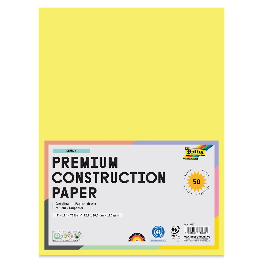 Open in modal - Folia Premium Construction Paper - Pkg of 50, Lemon, 9" x 12", front of packaging