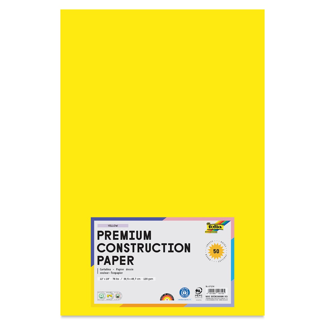 Open in modal - Folia Premium Construction Paper - Pkg of 50, Yellow, 12" x 18", front of packaging
