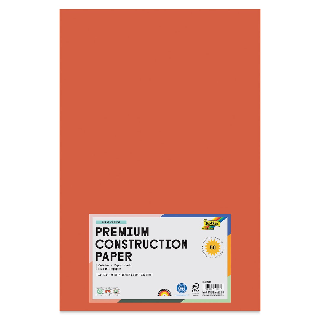 Open in modal - Folia Premium Construction Paper - Pkg of 50, Burnt Orange, 12" x 18", front of packaging