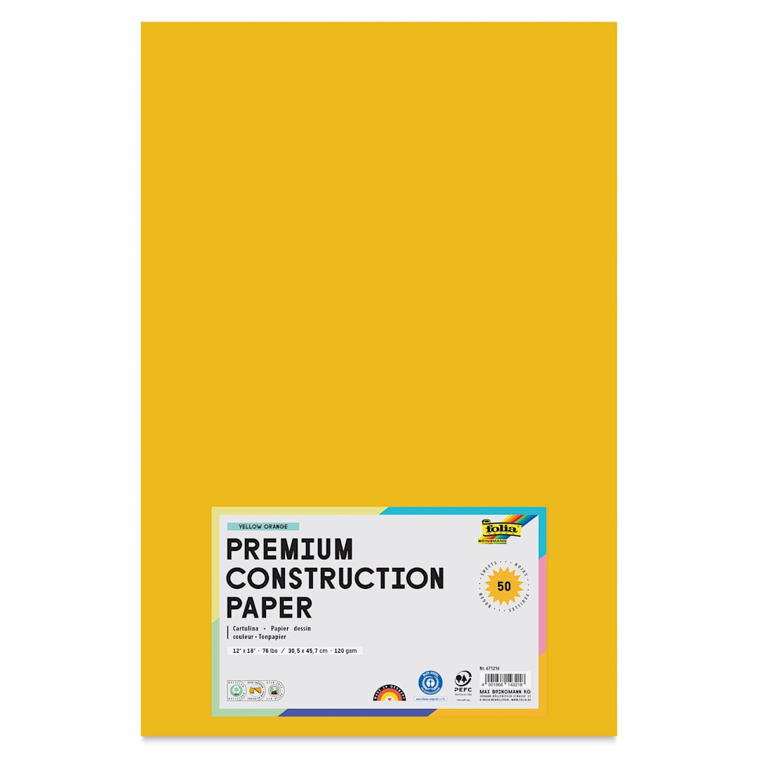 Open in modal - Folia Premium Construction Paper - Pkg of 50, Yellow Orange, 12" x 18", front of packaging